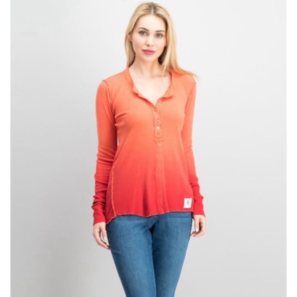 We the Free linen blend Cozy Up Henley papaya combo shirt M